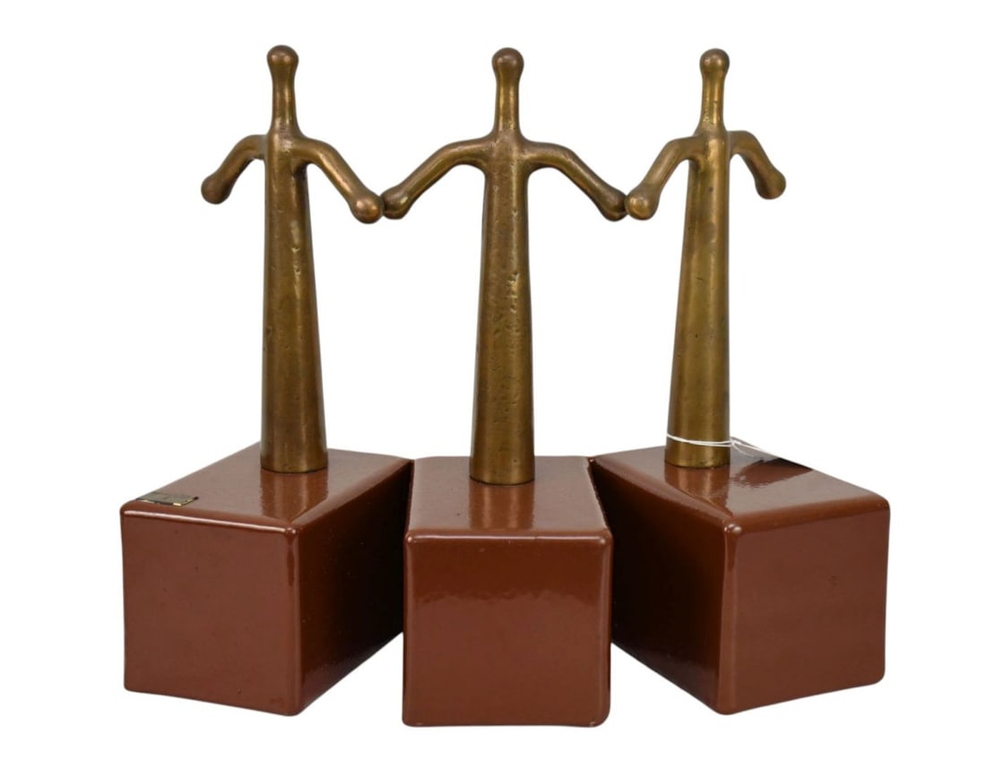 Gladys Sauber. Mid Century Modern Sculpture- set of three stylized, abstract bronze/brass figurines,: Gladys Sauber. Mid Century Modern Sculpture- set of three stylized, abstract bronze/brass figurines, modernist style reminiscent of Karl Hagenauer or mid-century artisan decor. Each figure approximate