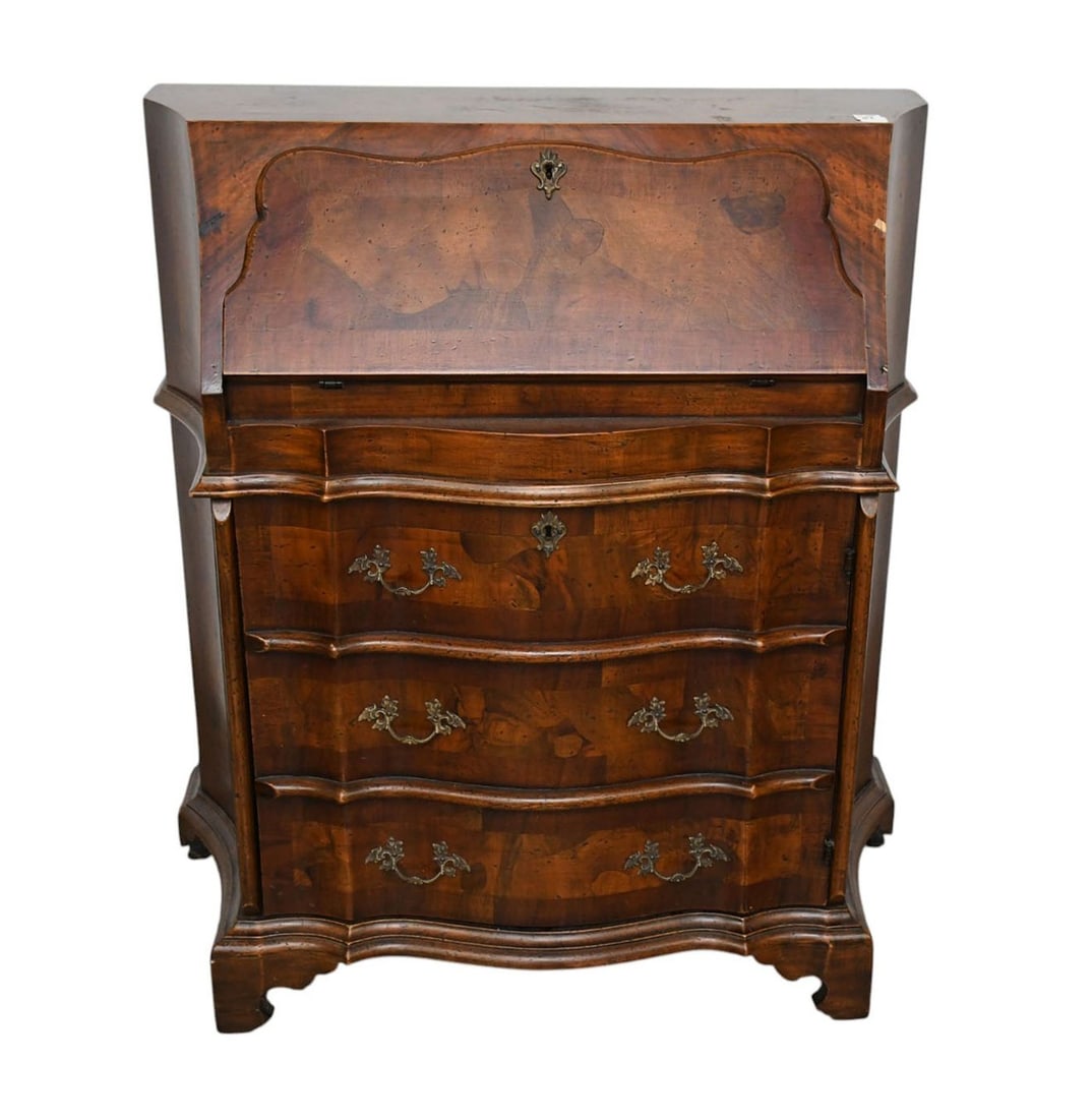 Walnut & Burl Wood Diminutive Drop Front Desk, Serpentine Form with 3 Long Drawers, 36"h x 31"w x (1 of 5)
