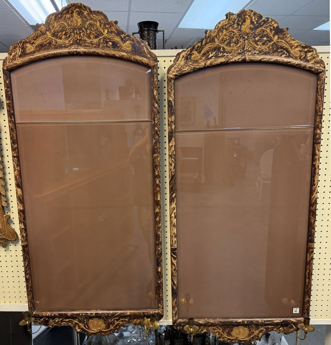 Pair Painted Faux Tortoise Style Frames Each With Sconces at Bottom Inset with Beveled Glass, 56"h x (1 of 3)