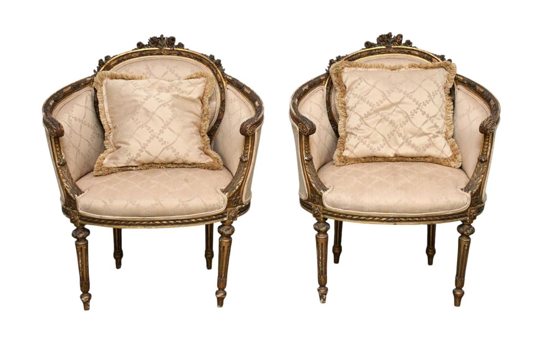 Pair 19th C. Bergères, Carved Rosette at Crest, 1 Needs Repair, 38"h x 30 1/2"w x 21"d (as is: Pair 19th C. Bergères, Carved Rosette at Crest, 1 Needs Repair, 38"h x 30 1/2"w x 21"d (as is upholstery)