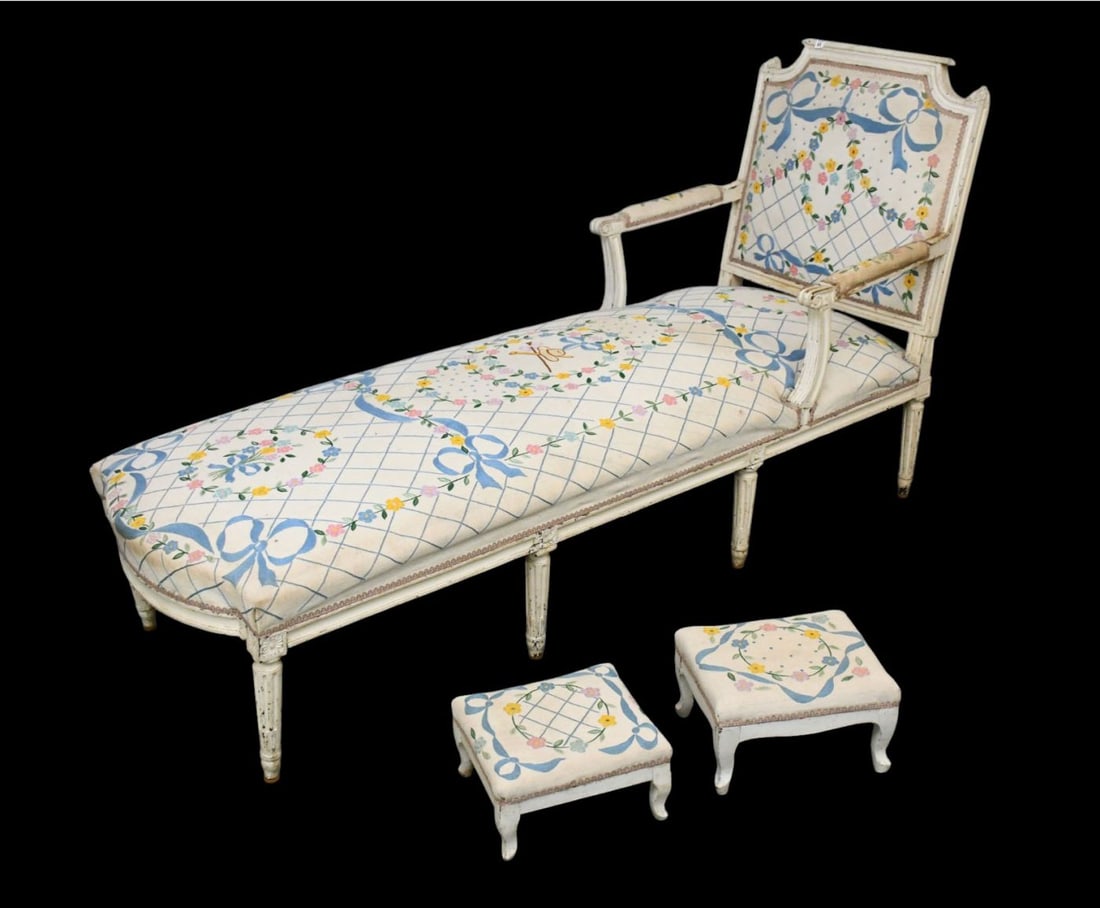 Chaise Lounge (Day Bed), Circa 1800, Louis XVI Style, White Painted Wood Frame (39 12/"h x 78"w x (1 of 6)