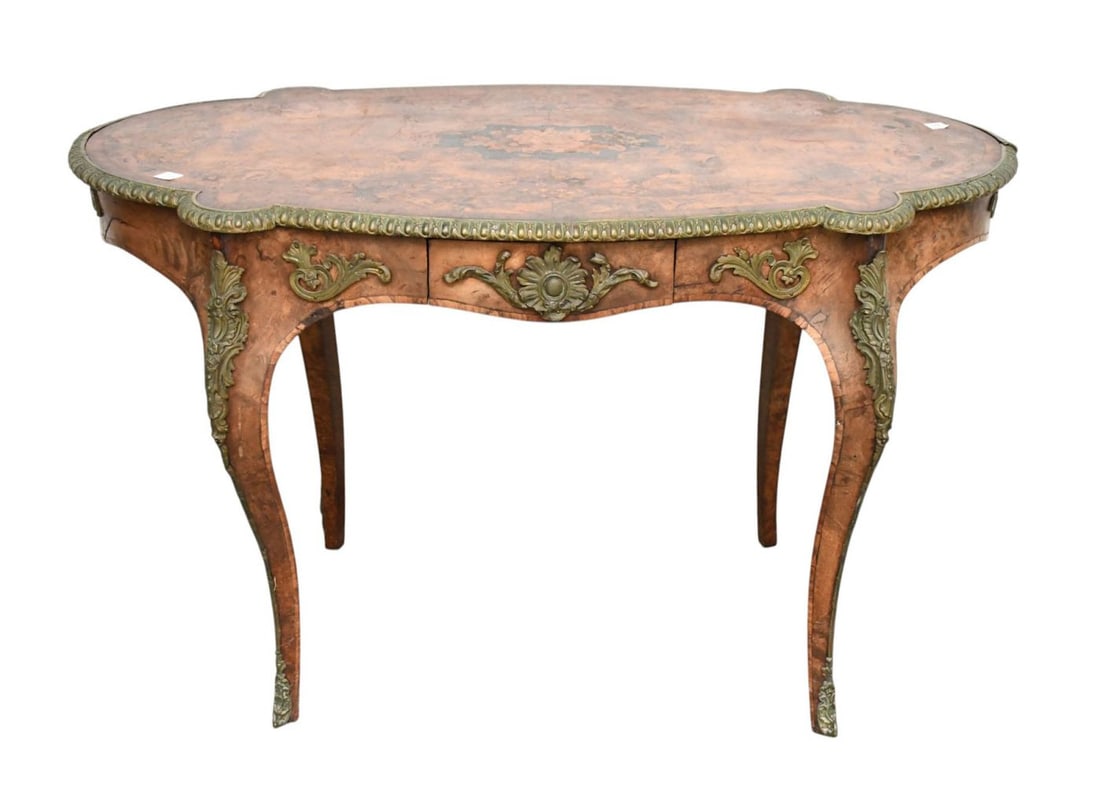 French Marquetry 19th c. Center Table, 30"H x 47"w x 24"d (needs refinishing, age/veneer cracks): French Marquetry 19th c. Center Table, 30"H x 47"w x 24"d (needs refinishing, age/veneer cracks)