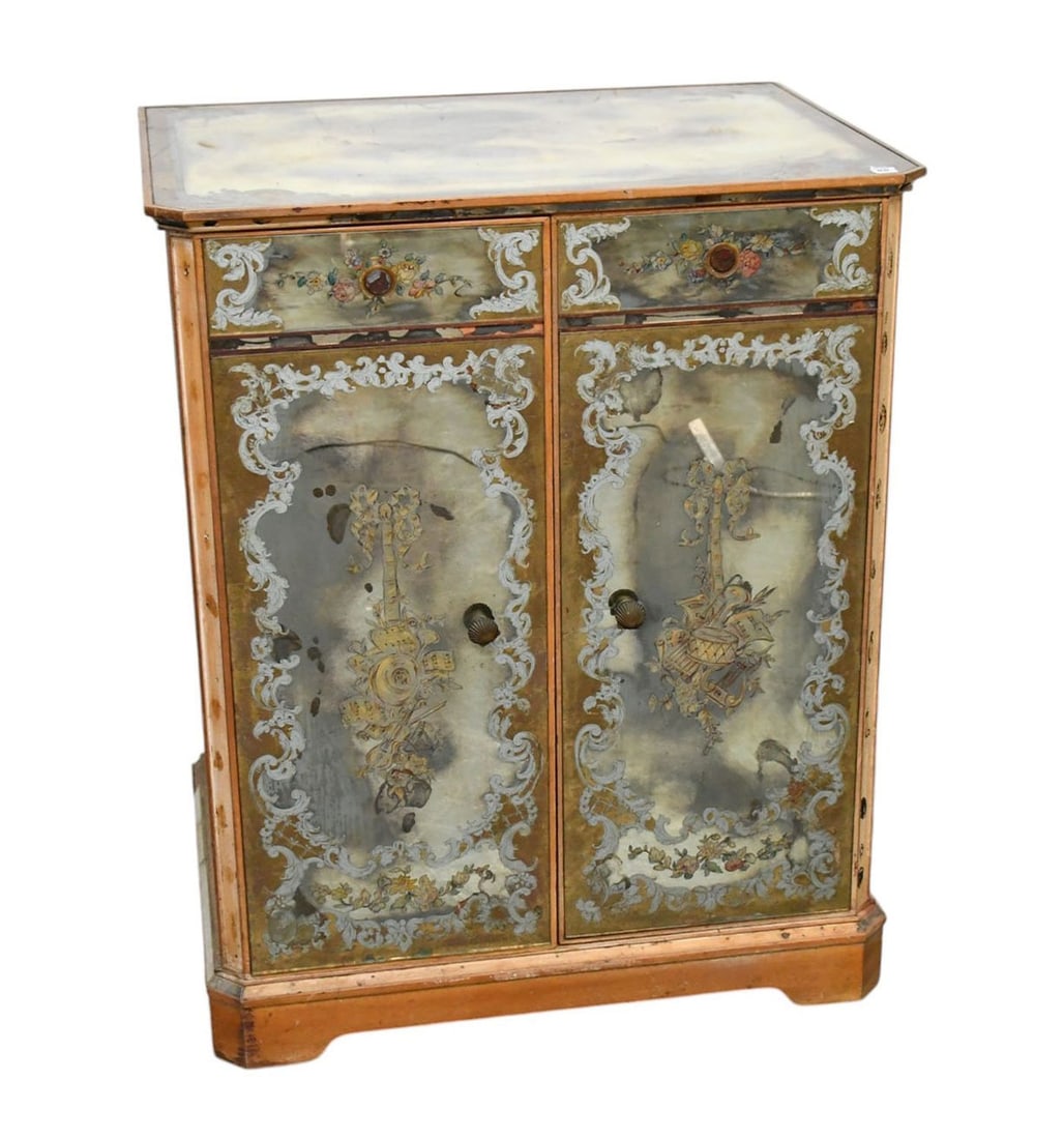Antique Mirrored Englomise Cabinet, 2 Drawers Over Cabinet Doors, 41"h x 33"w x 25"d (2 panels: Antique Mirrored Englomise Cabinet, 2 Drawers Over Cabinet Doors, 41"h x 33"w x 25"d (2 panels glass missing at corners)