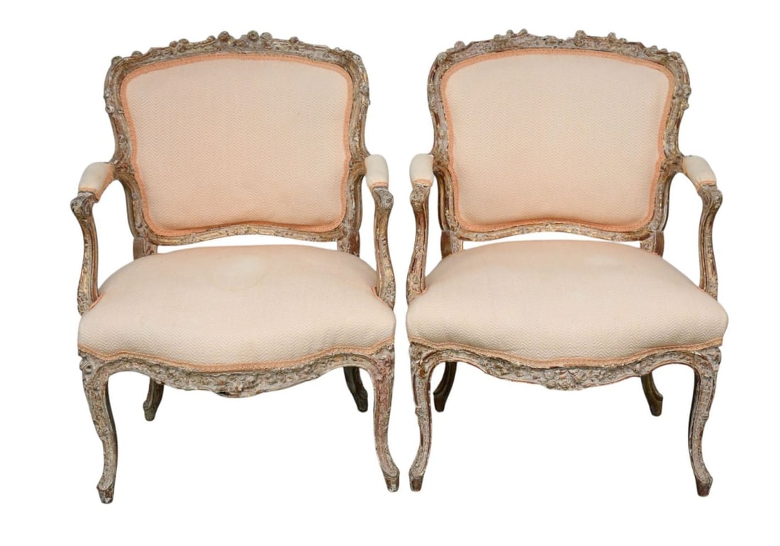 Pair French Fauteuil Armchairs, Carved Rosettes At Crest (small pc. Missing and Upholstery Stain) (1 of 7)