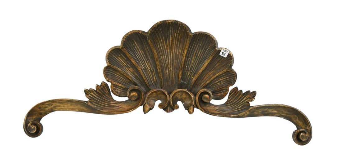 Architectural Carved Wood Shell & Ribbon Accent Piece, 15"h x 37"w (1 of 5)