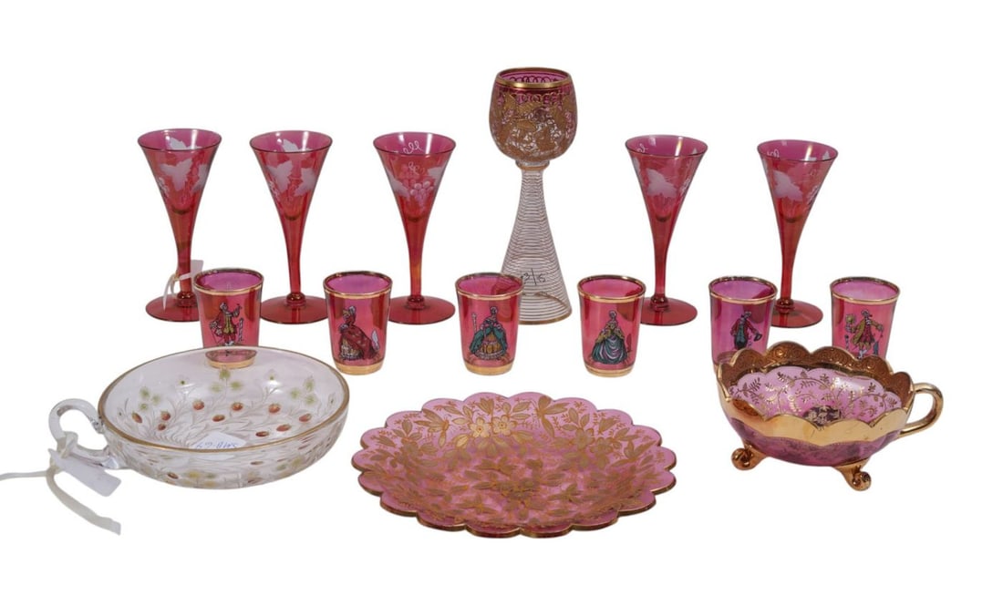 6 Antique French Cranberry Shot Glasses, 5 Flashed Wine Stems & Single Moser Wine Goblet Cranberry: 6 Antique French Cranberry Shot Glasses, 5 Flashed Wine Stems & Single Moser Wine Goblet Cranberry to Clear With Gold Accents in Relief (7"h x 2"w) & Other Moser Pcs.