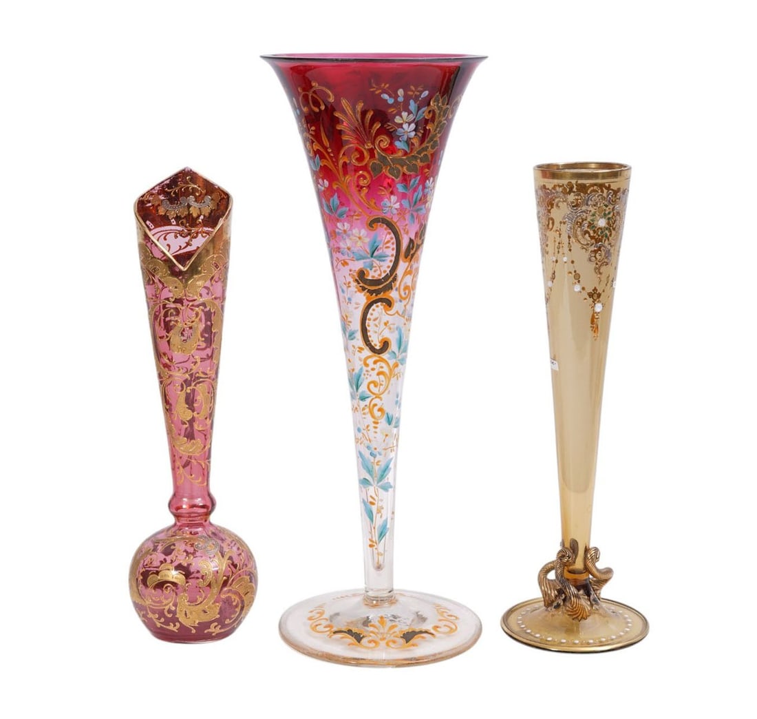 3 Antique Moser Decorated Vases, Cranberry to Clear Trumpet Shape with Enameling, Cranberry with (1 of 10)