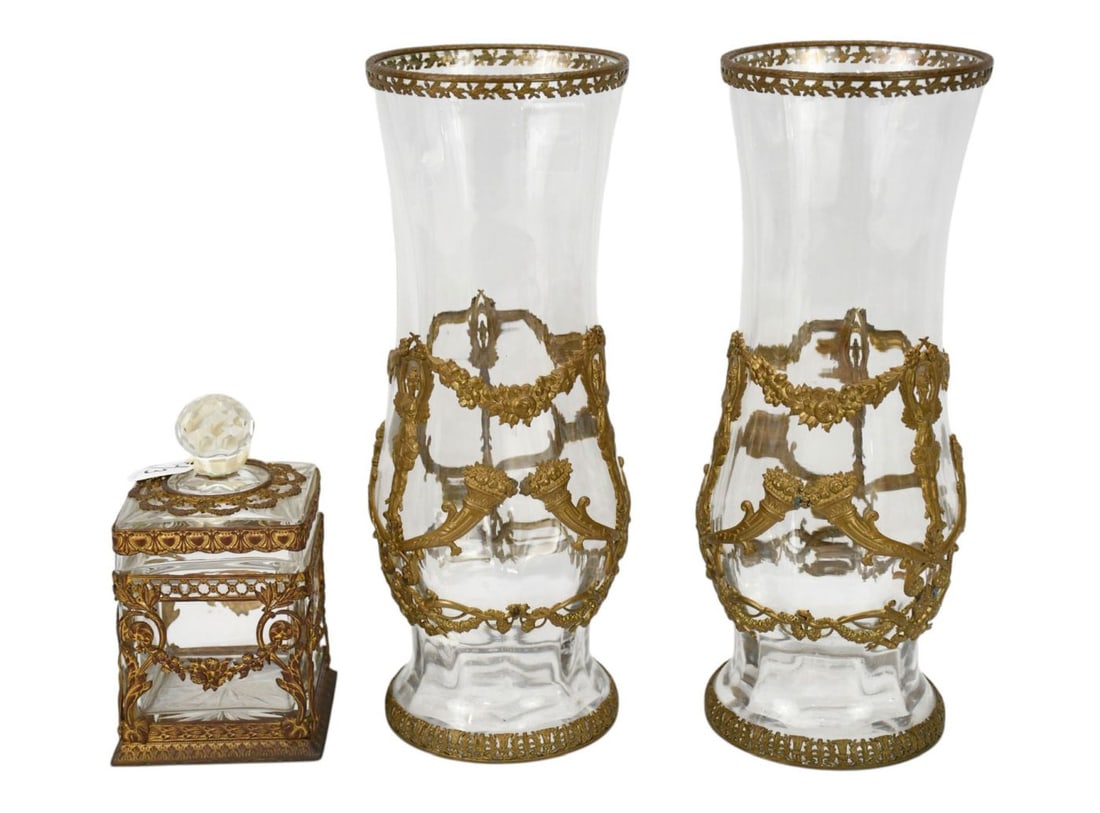 3 Pcs. Antique Glass, Lidded Jar & Pair of Vases With Bronze Mountings in Angel & Cornucopia Motif, (1 of 5)