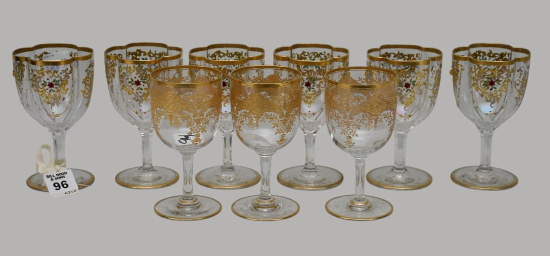 6 Moser Jeweled Enameled Stems And 3 Wine Glasses with Gold Accents, Tallest 5"h x 3"w (1 of 6)