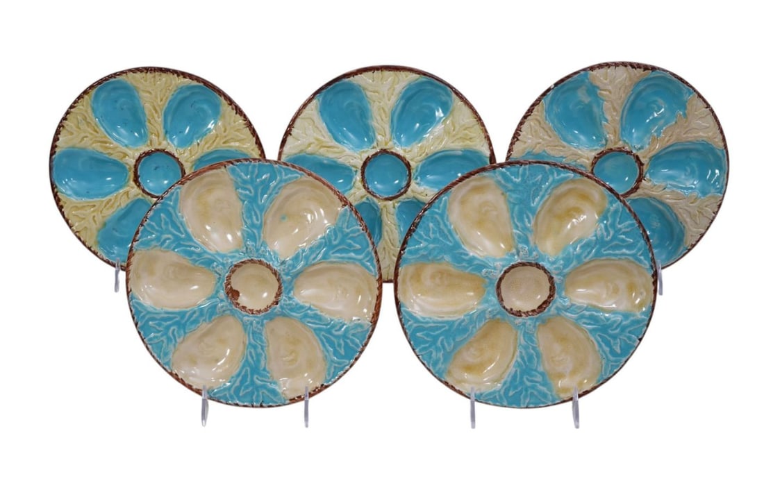 5 Late 19th c. English Majolica Seaweed Motif Oyster Plates, S. Fielding & Co., 9"dia (1 of 14)