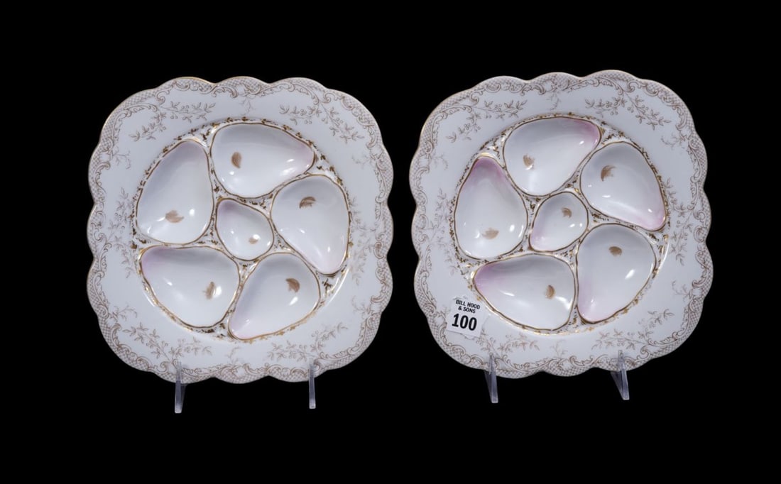 2 Porcelain 19th c. Oyster Plates, Pink and White, Marked Germany 10"dia (1 of 7)
