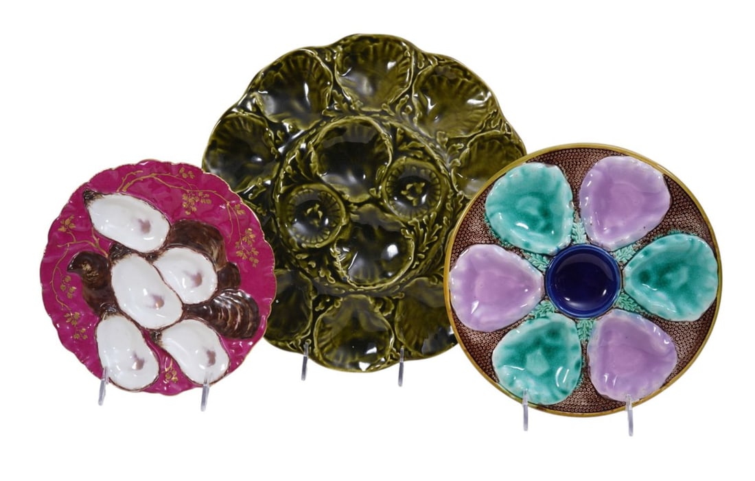 Limoges Porcelain Oyster Plate and 2 Majolica Oyster Plates, Largest 13"dia (1 of 11)