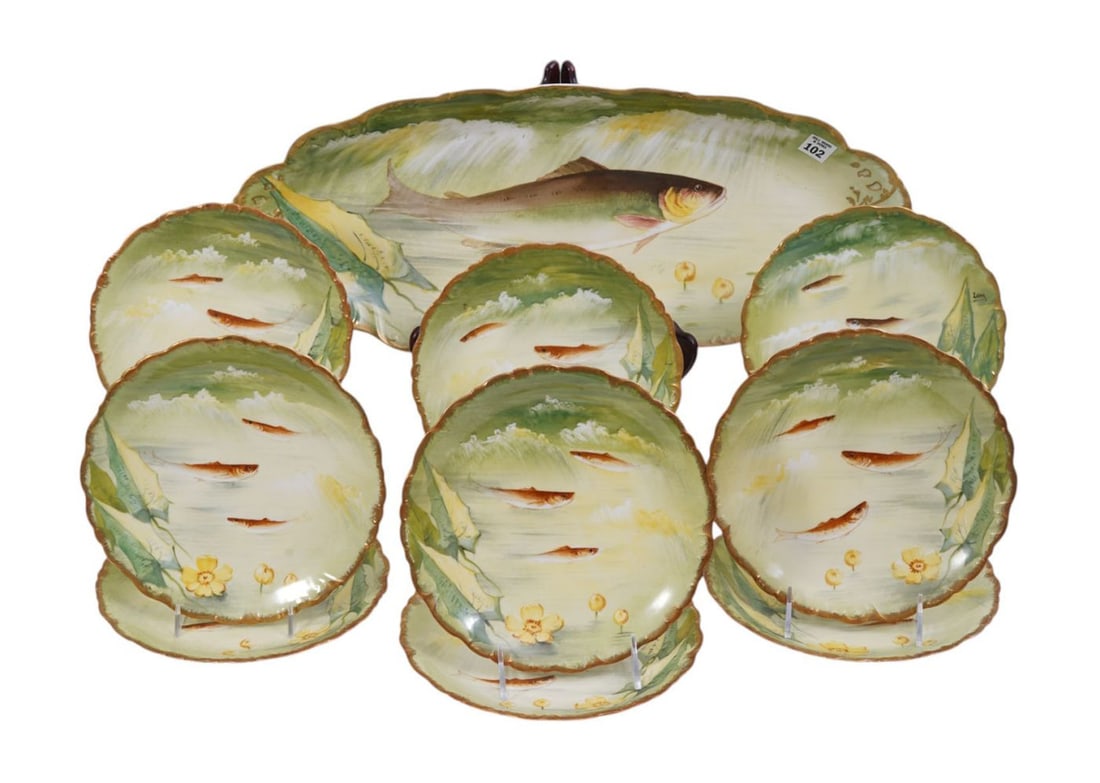 Limoges Porcelain Fish Set, 12 Plates (9"dia) and Platter (23"w) (1 of 13)