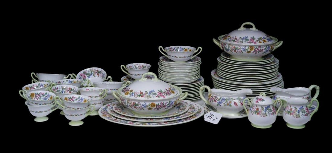 Shelley Porcelain Dinner Set, Hedgerow Pattern, incl; 12 Dinner Plates (10 3/4"dia), 9 Lunch Plates (1 of 20)