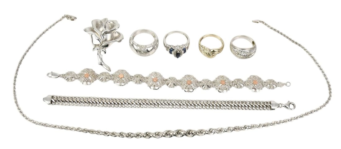 14K White Gold Jewelry Lot. Wt. 36.7 grams, 4 Rings size 6.5 - 7.5, 1 Rose pendant brooch 1.75" x (1 of 5)