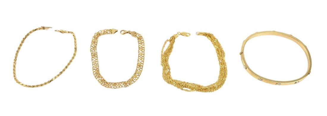 4 - 14K Yellow Gold Bracelets. Wt. 17.1 grams. 7.25" - 7.5" (1 of 5)