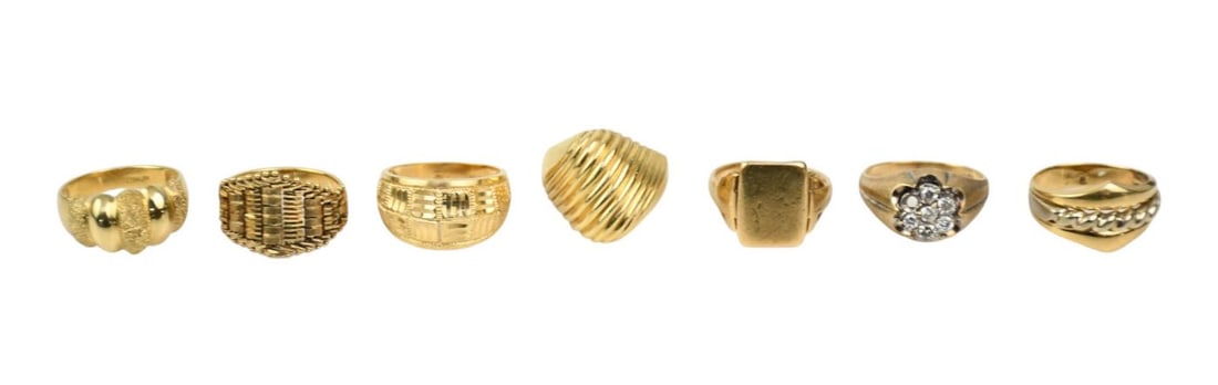 14k Yellow Gold Ring Lot. 7 rings wt. 33.3 grams, size 6.75 - 7, diamond ring missing 1 diamond (1 of 6)