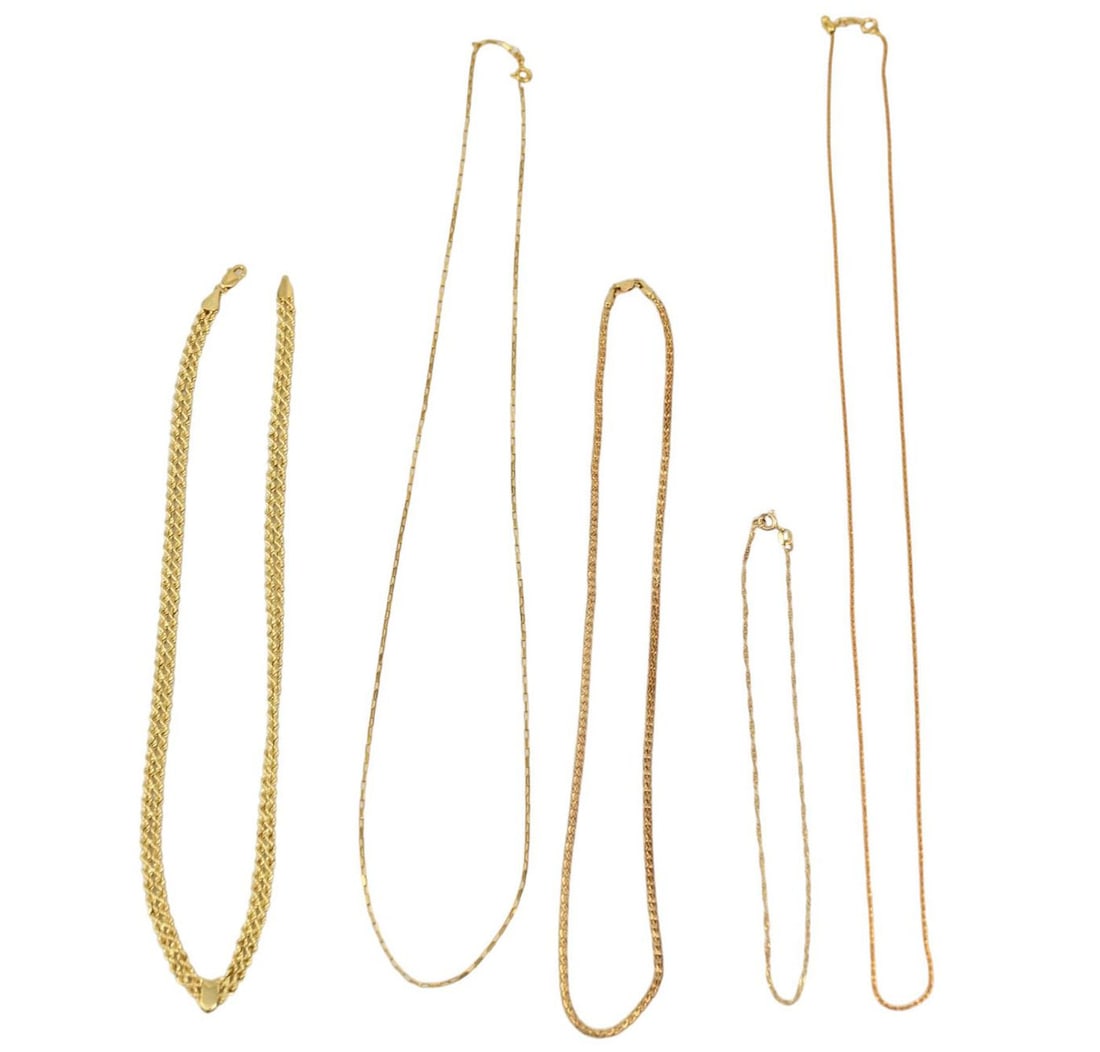 14k Yellow & Rose Gold Jewelry Lot. 4 Necklaces 17.5" - 24" and 1 Anklet 10.5". Wt. 19.4 grams: 14k Yellow & Rose Gold Jewelry Lot. 4 Necklaces 17.5" - 24" and 1 Anklet 10.5". Wt. 19.4 grams
