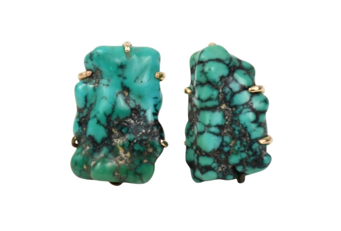 18K Yellow Gold Turquoise Nugget Earrings. 1" x .5" wt. 17.2 grams (1 of 4)