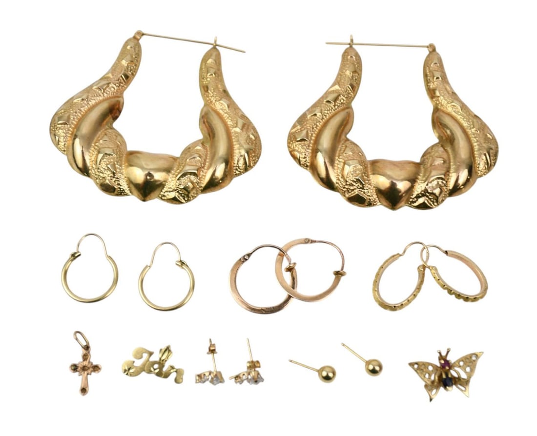 14K Yellow Gold Earring Lot. Wt. 18.7 grams largest 2.25" 6 pairs of earrings and 3 charms (1 of 6)