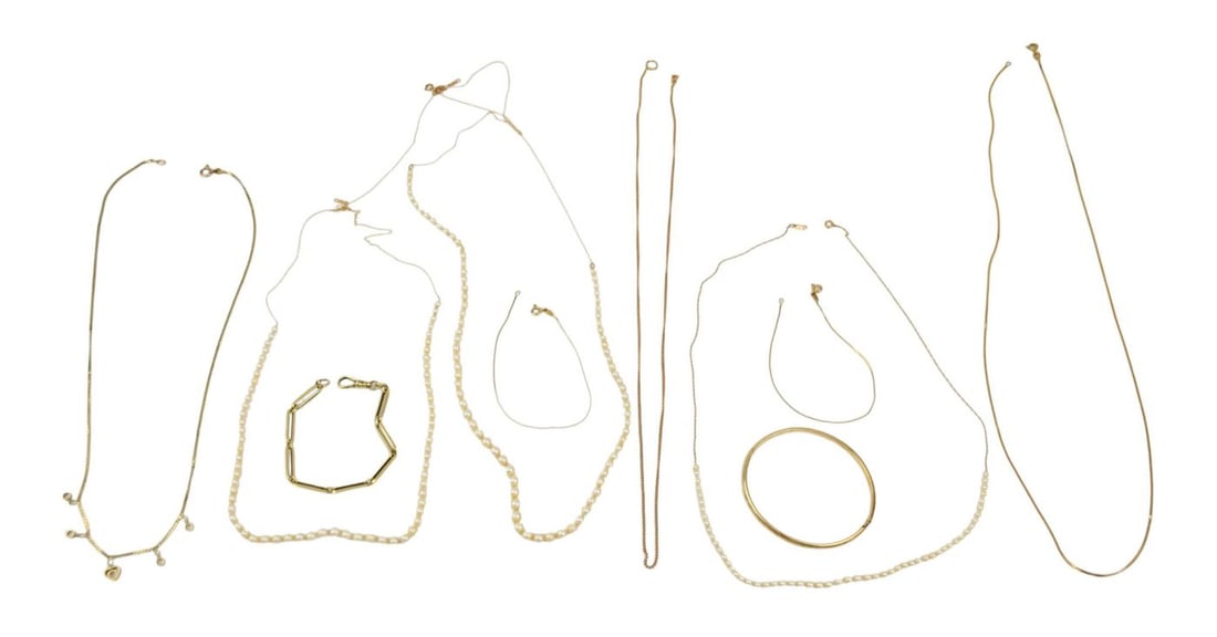 14K Yellow Gold Necklace Bracelet Lot. Necklaces 18" - 29" , bracelets 7" , fob 6.5" wt. 41.2: 14K Yellow Gold Necklace Bracelet Lot. Necklaces 18" - 29" , bracelets 7" , fob 6.5" wt. 41.2 grams