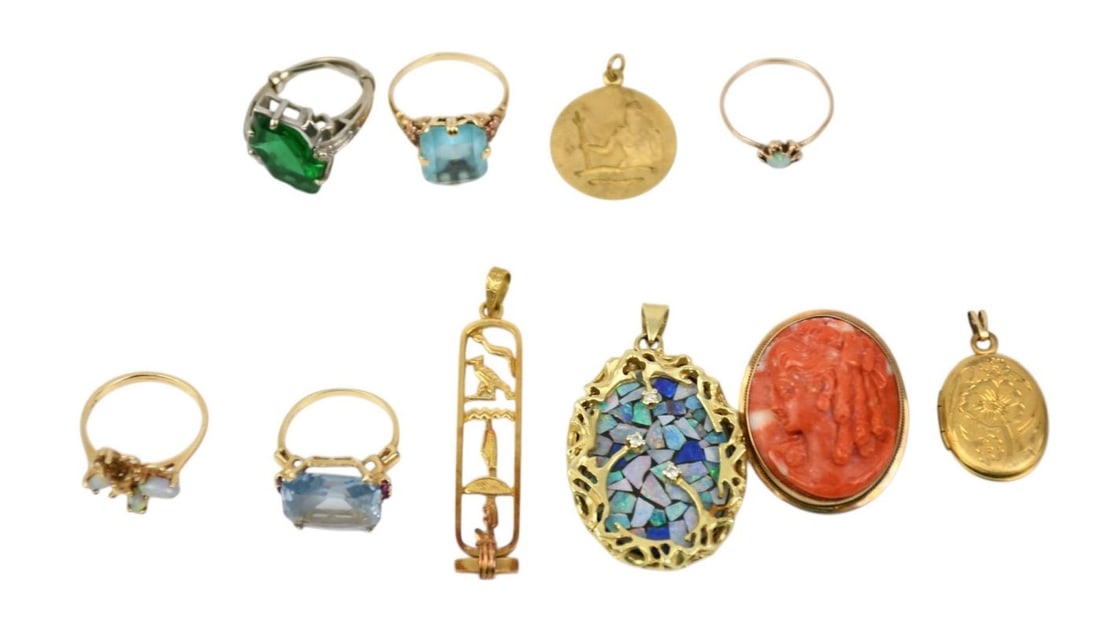 10K - 14K Yellow & White Gold Ring Pendant Lot. 3 rings 10K size 4 - 7, 10K Round Poseidon Charm.: 10K - 14K Yellow & White Gold Ring Pendant Lot. 3 rings 10K size 4 - 7, 10K Round Poseidon Charm. 10K wt. 9.8 grams. 14K 2 rings size 5 -6 butterfly ring missing 1 stone and 4 pendants 1" - 2" 14K wt.