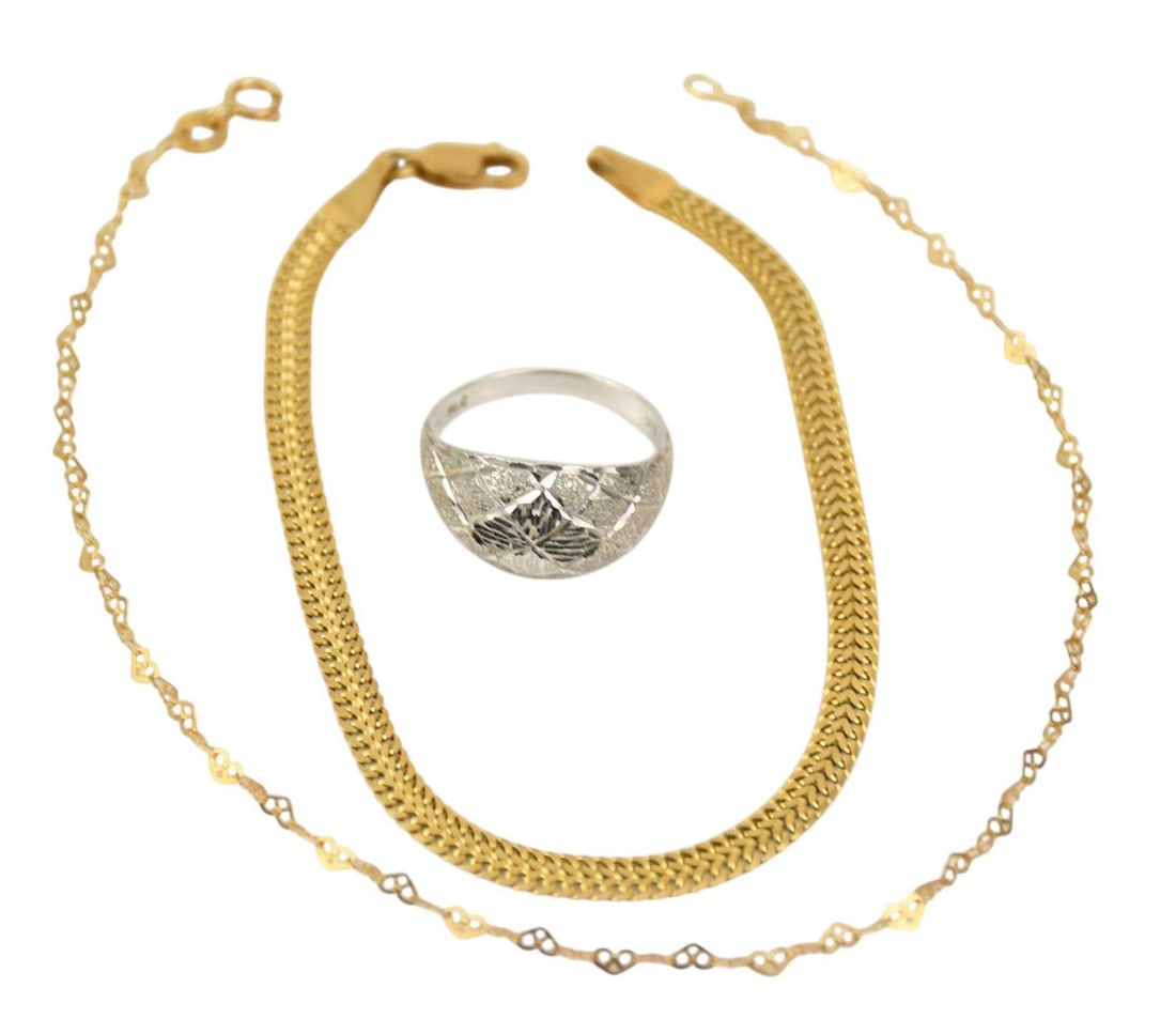 18K Yellow White Gold Lot Bracelet and Ring. Wt. 8.5 grams ring size 7 and bracelets 7" - 9" (1 of 3)