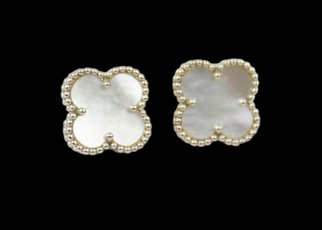 Van Cleef & Arpels Mother-of-Pearl Alhambra Clover Stud Earrings 18K White Gold. .5" wt. 3.9 grams (1 of 4)