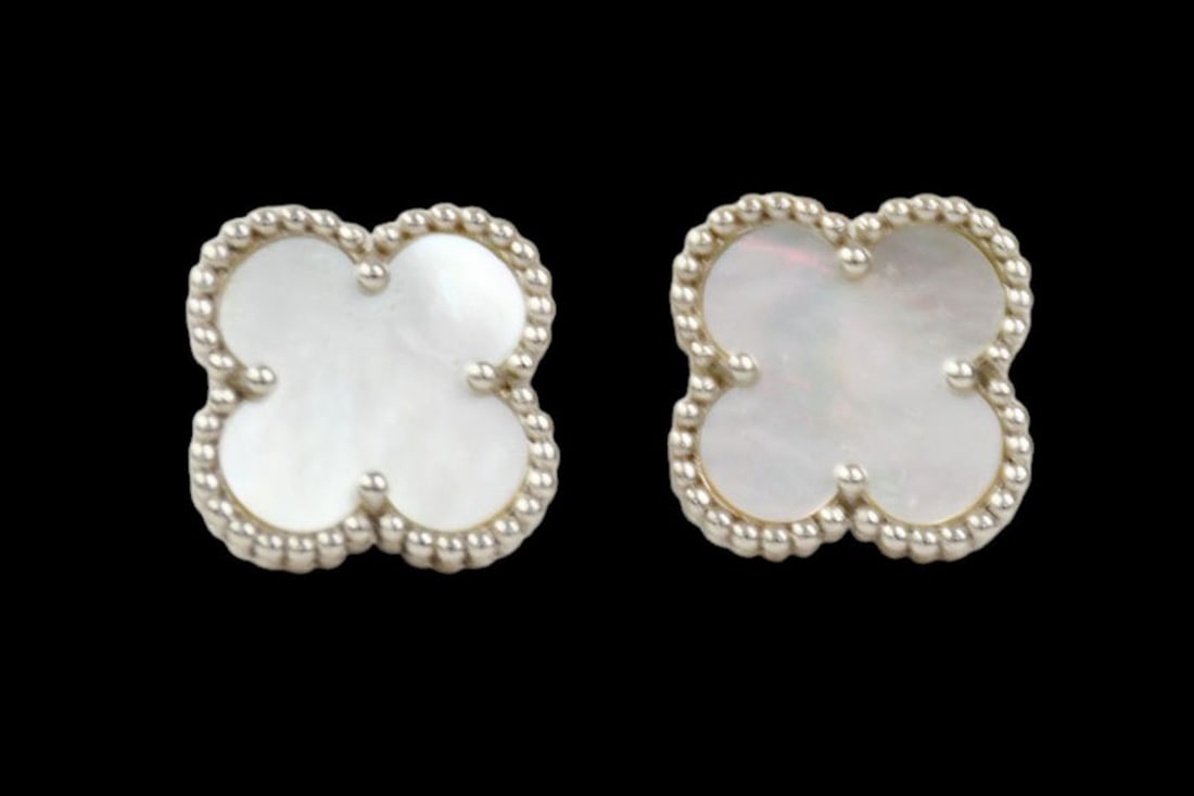 Van Cleef & Arpels Mother-of-Pearl Alhambra Clover Stud Earrings 18K White Gold. .5" wt. 3.9 grams: Van Cleef & Arpels Mother-of-Pearl Alhambra Clover Stud Earrings 18K White Gold. .5" wt. 3.9 grams missing backs