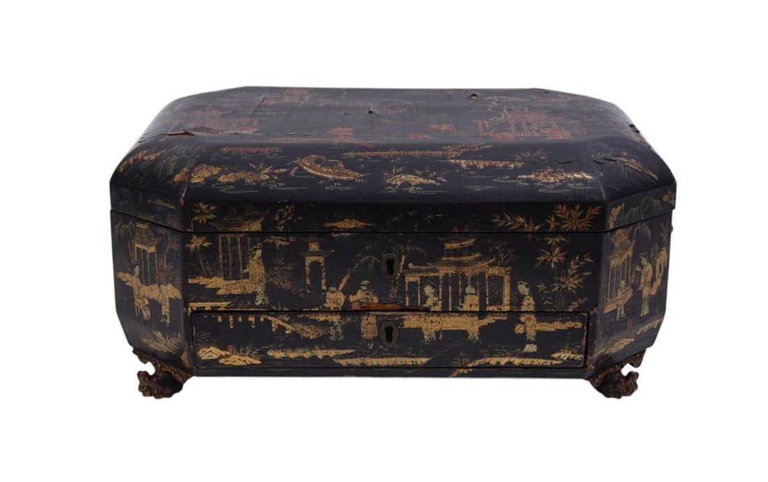 Chinoiserie 19th c. Lacquered Sewing Box with Fitted Interior & Long Drawer On Bottom, 5 3/4"h x: Chinoiserie 19th c. Lacquered Sewing Box with Fitted Interior & Long Drawer On Bottom, 5 3/4"h x 14"w x 10"d