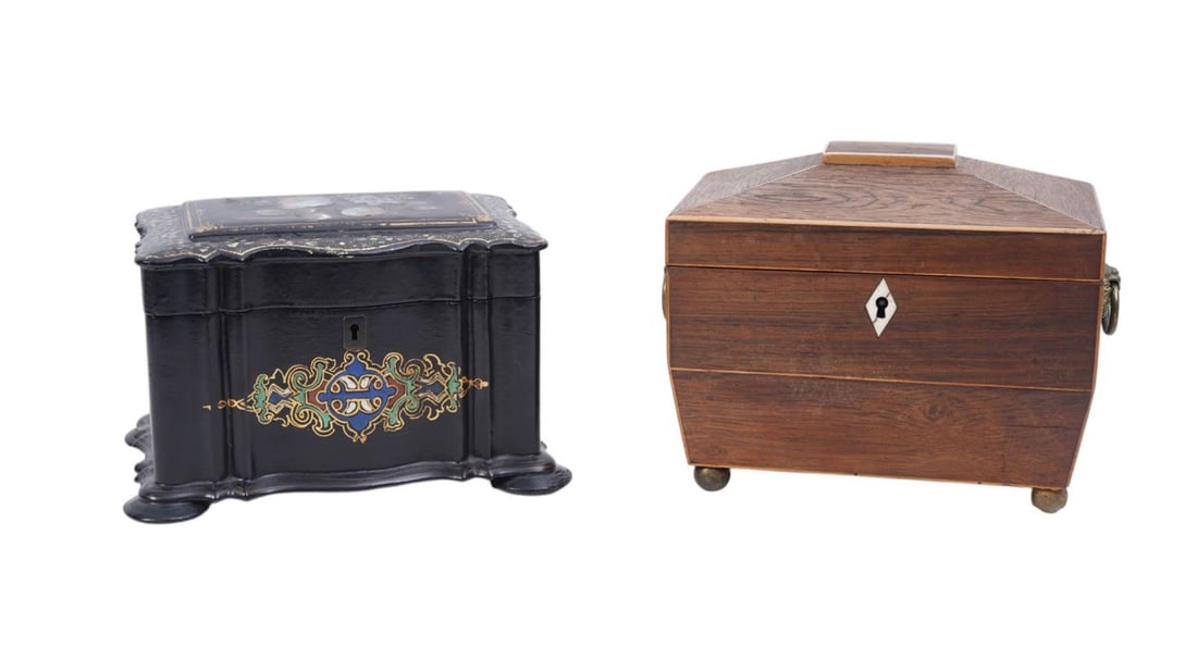 2 Tea Caddies, 19th c, One Lacquered Mother Of Pearl Decoration, Largest 5"h x 7 1/4"w x 5"d: 2 Tea Caddies, 19th c, One Lacquered Mother Of Pearl Decoration, Largest 5"h x 7 1/4"w x 5"d