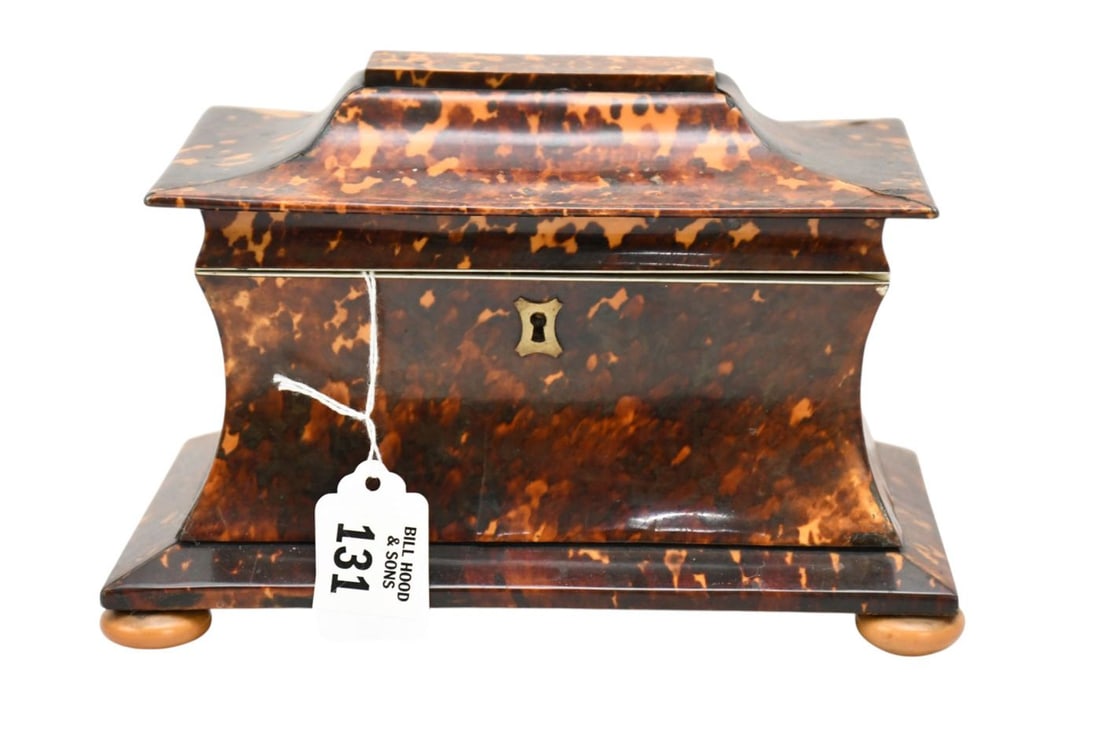English 19th c. Tea Caddy, Veneer Pagoda Style on Bun Feet, 5 3/4"H x 8 1/2"w x 5 1/2"d (1 of 9)
