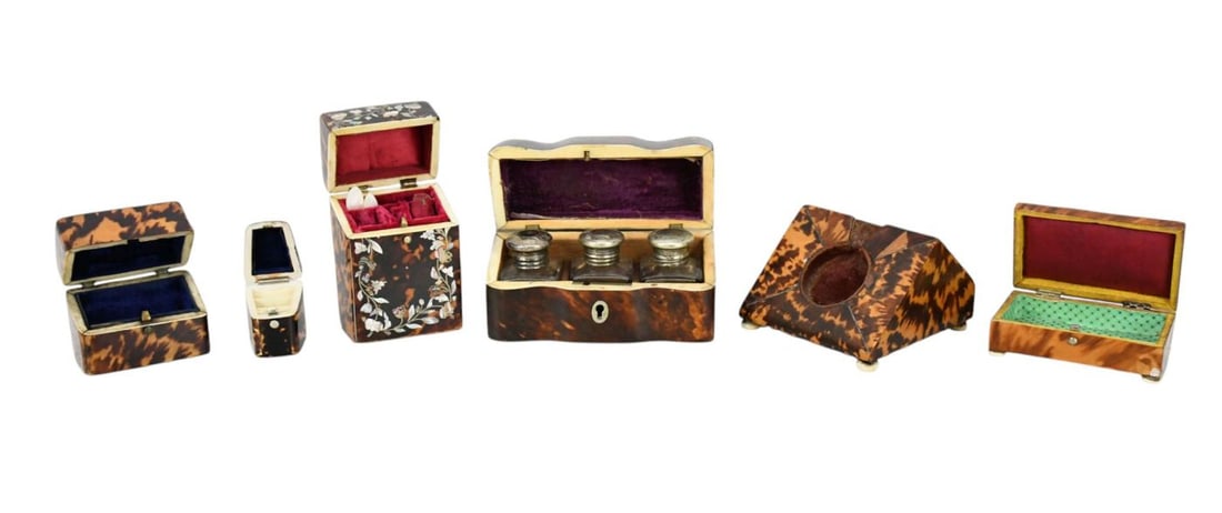 6 Assorted English 19th c. Tortoise Boxes, One Holding Scent Bottles (one bottle with chip), Watch (1 of 12)