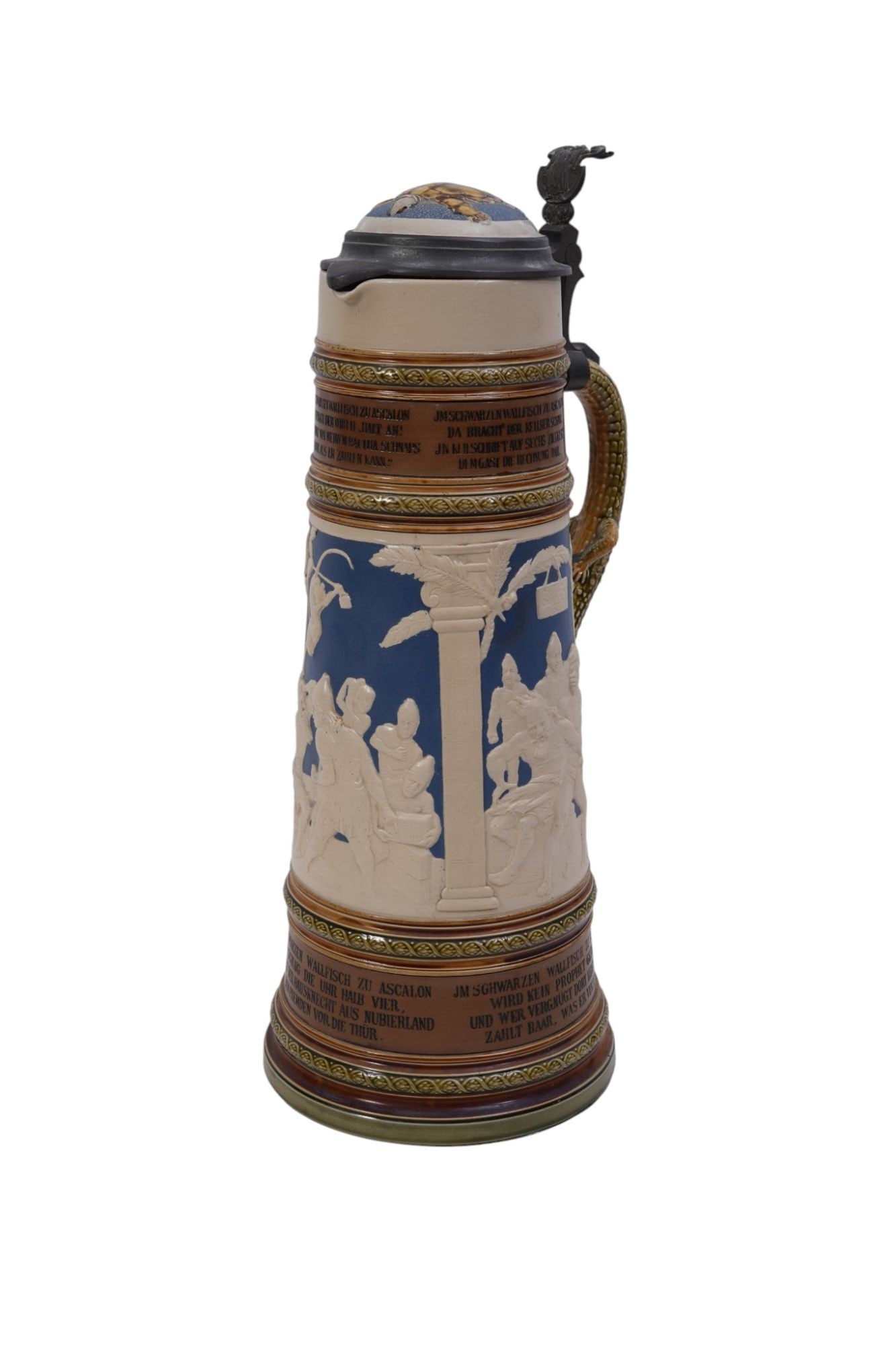 Oversized Mettlach Stein Depicting Drunkard Whimsical Scenes In Relief with Alligator Handle & (1 of 17)