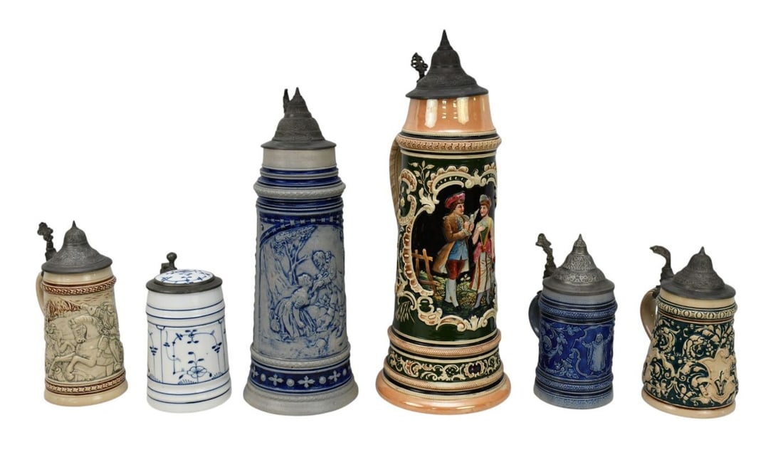 6 Mettlach Style Beer Steins, Various Sizes & Styles, including One Delft Lithophane, Largest 16"h x (1 of 5)