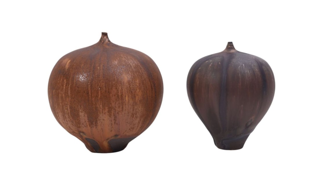 2 Rose Cabat (b. 1914) American Mid-Century Ceramic "Feelie" Vases, Textured Surfaces & Richly Hued: 2 Rose Cabat (b. 1914) American Mid-Century Ceramic "Feelie" Vases, Textured Surfaces & Richly Hued Glazes with Narrow Necks, Signed Cabat on Bottom, (one with chip on neck)