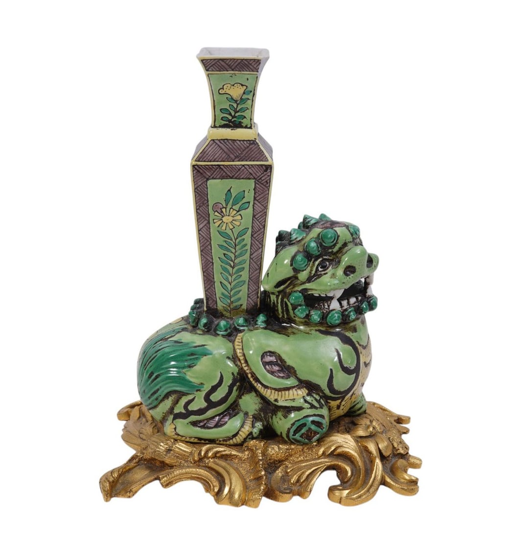Bronze Foo Dog with Green Enameling, Dog Supporting Vase on Rococo Style Gilt Bronze Base, 8"h x 6"w (1 of 9)