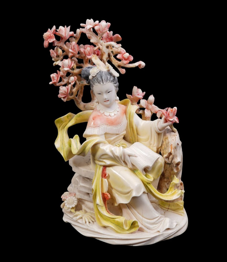 Carved Seated Geisha with Polychrome, Open Book Under Apple Blossoms, 7 1/4"h x 4 1/2"w x 6"d (1 of 7)