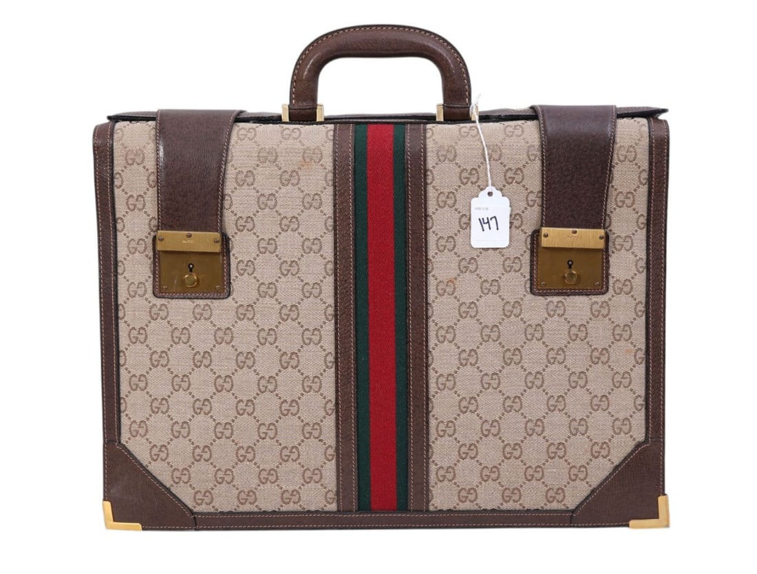 Vintage GUCCI GG Supreme Briefcase Featuring The Iconic Red & Green Web Stripe with Gold-Tone Push (1 of 12)