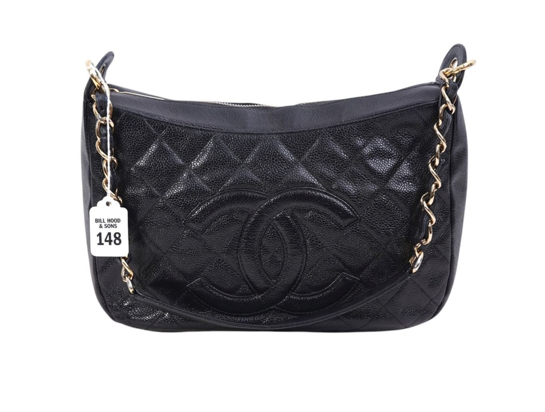 CHANEL Caviar Quilted Timeless CC Shoulder Bag in Black, serial #9982772 Condition: Good 10.75": CHANEL Caviar Quilted Timeless CC Shoulder Bag in Black, serial #9982772Condition: Good 10.75" base length x 7"h x 4"d Not Authenticated
