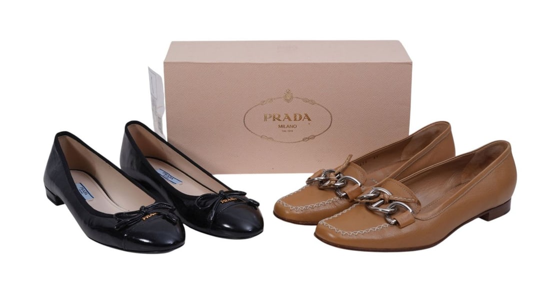 2 pr. Of Vintage PRADA Shoes, 1 pr. Beige Loafers size 37, Condition: Good 1 pr. PRADA Black Patent (1 of 12)