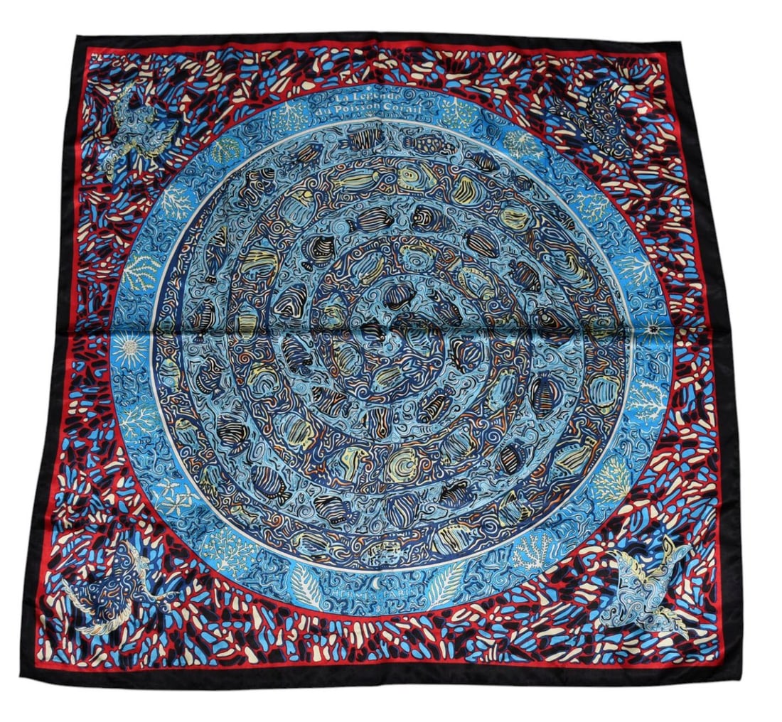 Hermès "La Legende du Poisson Corail" Silk Twill Scarf ,36" x36", Condition: Fair, small hole: Hermès "La Legende du Poisson Corail" Silk Twill Scarf ,36" x36", Condition: Fair, small hole along edge