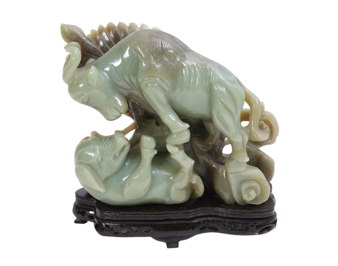 Elaborate Carved Jade of Water Buffalo Fighting with Animal, 8 1/2"h x 9"w (1 of 4)