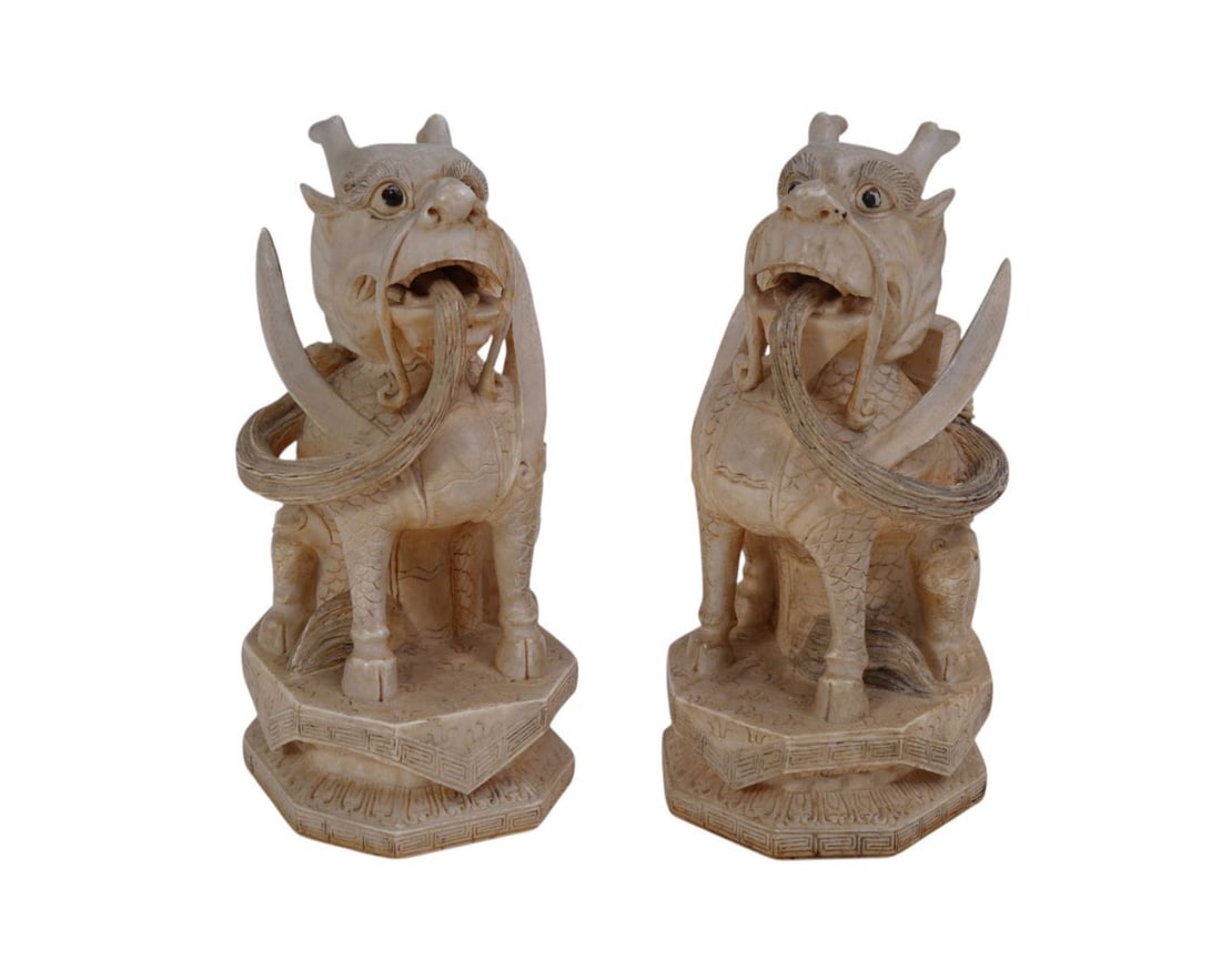 Pr. Antique Bone Seated Foo Dogs 6 1/2"h x 3"w x 3"d (1 of 6)