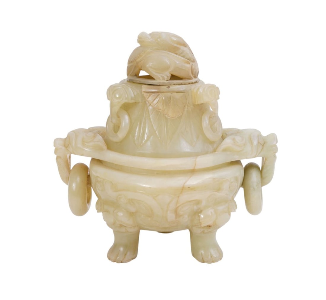 3 Pc. Antique Chinese Jade Censor on 3 Feet 7"h x 8"w: 3 Pc. Antique Chinese Jade Censor on 3 Feet 7"h x 8"w