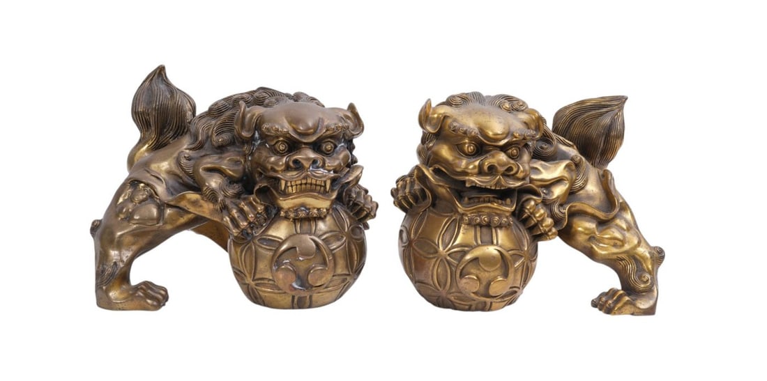 Solid Vintage Brass Intricately Detailed Foo Dogs 6"h x 8"w (1 of 8)