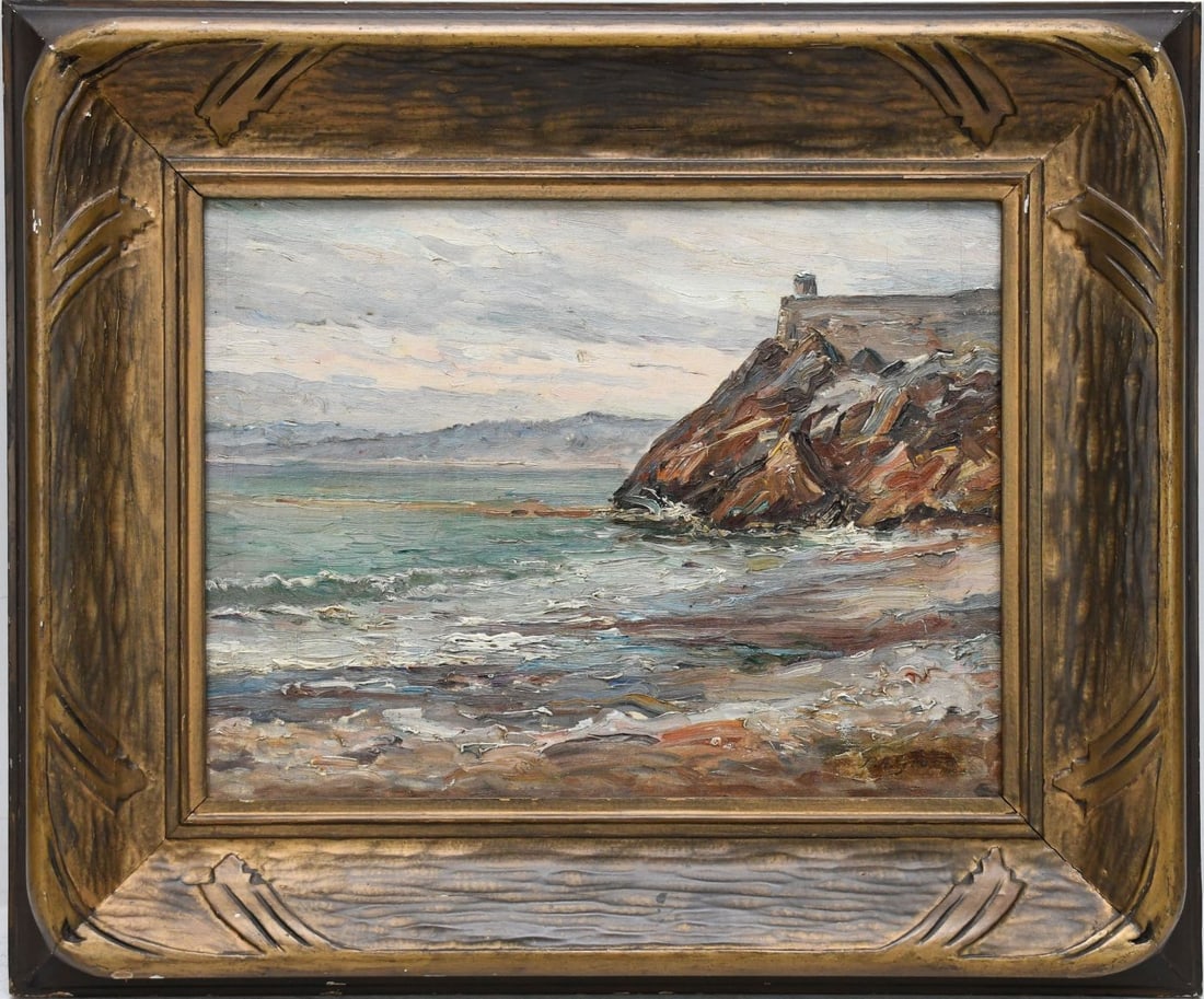 P.A. Gross (19th Century) Rocky shoreline coastal scene, oil on canvas, 16 x 13 inches. overall: P.A. Gross (19th Century) Rocky shoreline coastal scene, oil on canvas, 16 x 13 inches. overall framed size 19 x 23 inches.