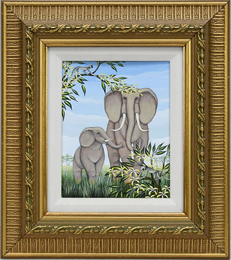 Gustavo Novoa (Chile 1939-) Oil on artist canvas panel- elephants and monkey, who just joined the (1 of 7)