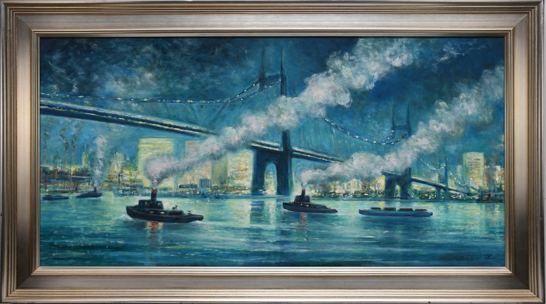 Philip Corley (Irish, b. 1944) oil on Masonite New York City- Queensboro Bridge, tugboats night: Philip Corley (Irish, b. 1944) oil on Masonite New York City- Queensboro Bridge, tugboats night scene, signed lower right, also sign on reverse. overall frame size 30 1/2” x 54 1/2 inches