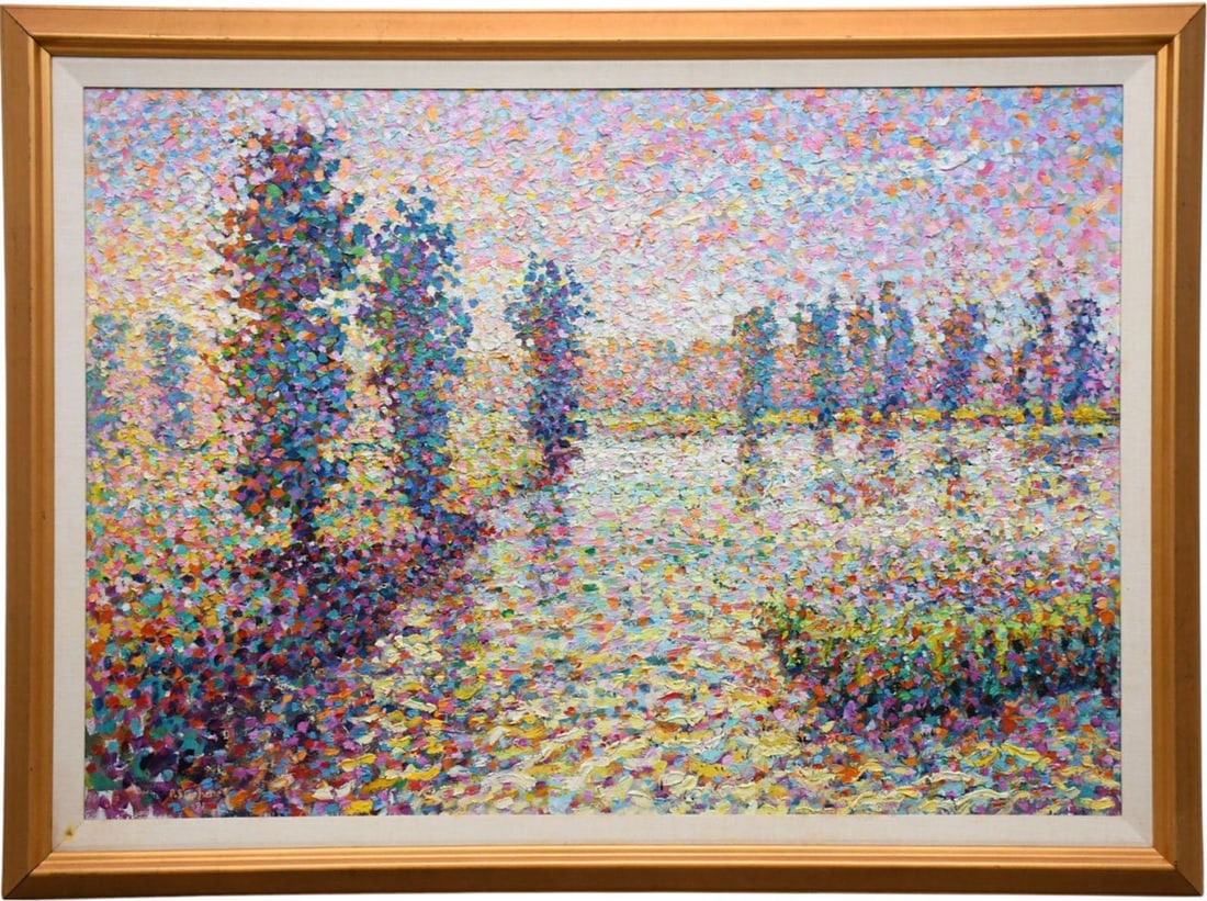 Paul Stephens, pointillist-style landscape with trees and reflections on water, oil on board signed: Paul Stephens, pointillist-style landscape with trees and reflections on water, oil on board signed bottom left P Stephens- 91. Overall size 38 1/2 x 51 1/2 inches. painting size 32 x 45 inches.